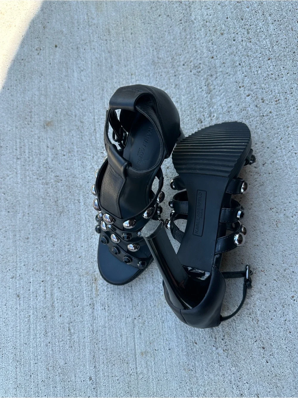 Karl Lagerfeld Black Leather Studded Strap Heels. 8.5